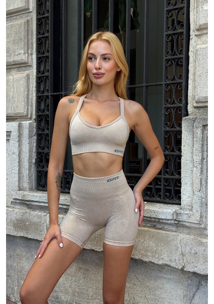 Prime FIT - Bej Yüksek Bel Seamless Push-Up Toparlayıcı Şort Tayt