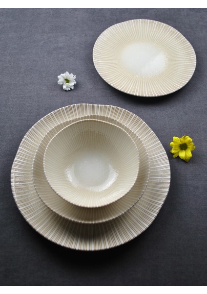 24 Parça Porselen Yemek Takımı Krem Çizgili Yemek Seti-Karya