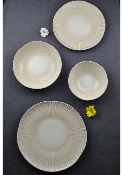 24 Parça Porselen Yemek Takımı Krem Çizgili Yemek Seti-Karya fiyatları