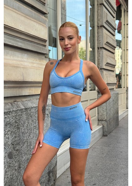 Prime FIT - Mavi Yüksek Bel Seamless Push-Up Toparlayıcı Şort Tayt