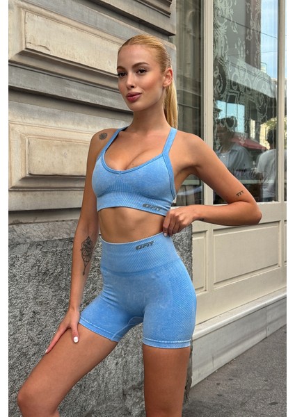 Prime FIT - Mavi Yüksek Bel Seamless Push-Up Toparlayıcı Şort Tayt