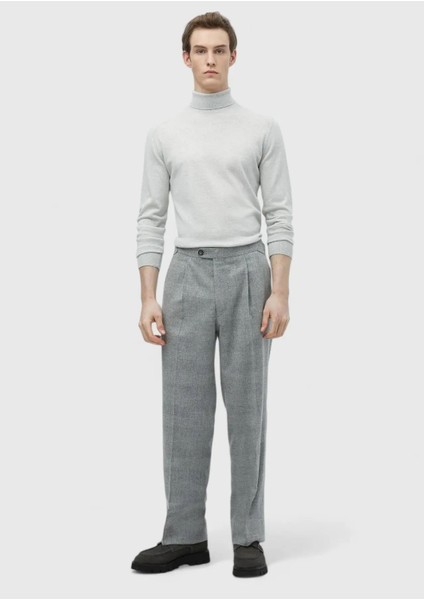 Açık Gri Desenli Dokuma Loose Fit Casual Yün Karışımlı Pantolon