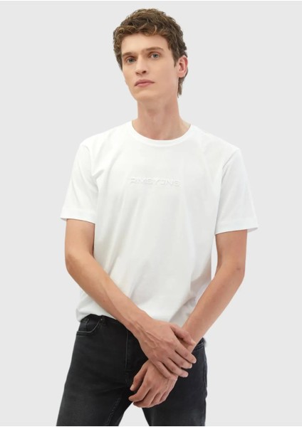 Beyaz Baskılı Bisiklet Yaka %100 Pamuk T-Shirt