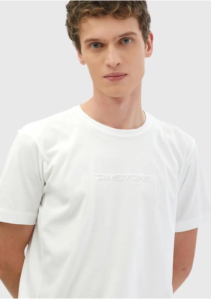 Beyaz Baskılı Bisiklet Yaka %100 Pamuk T-Shirt modelleri