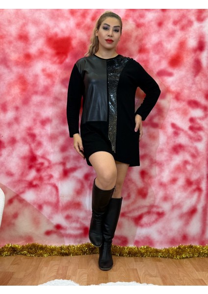 Tunik Siyah Deri Detaylı Taş Işlemeli Triko Tunik – Uzun Kollu, Yuvarlak Yaka, 75 Cm.özel Kullanım