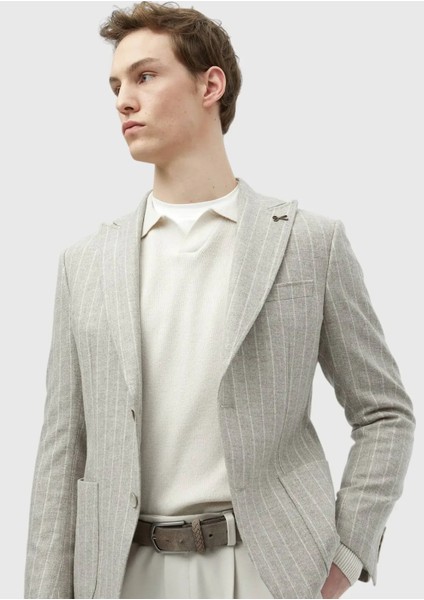 Bej Çizgili Zeroweight Slim Fit Yün Karışımlı Ceket modelleri