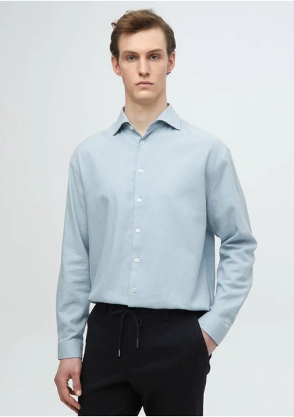 Mavi Düz Loose Fit Dokuma Casual Yün Karışımlı Gömlek