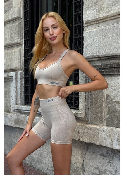 Prime Fıt - Bej Çapraz Askılı Destekli Seamless Bra sporcu sütyeni