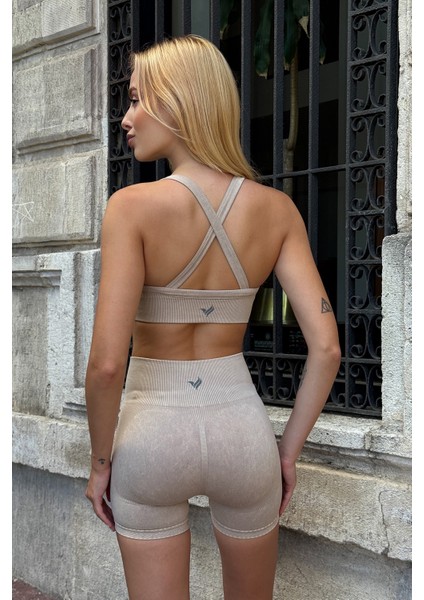 Prime Fıt - Bej Çapraz Askılı Destekli Seamless Bra sporcu sütyeni modelleri