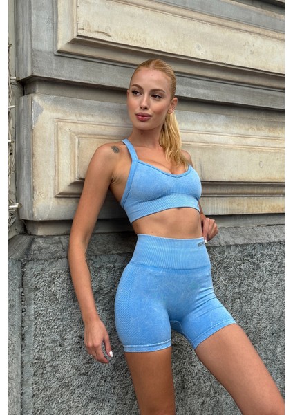 Prime Fıt - Mavi Çapraz Askılı Destekli Seamless Bra sporcu sütyeni