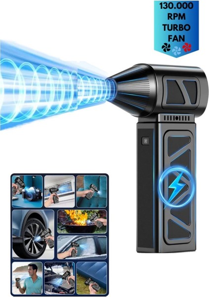 Araç Ev ve Elektronik temizliği Için Güçlü Şarjlı Hava Üfleme Makinesi 130.000 Rpm Turbo Fan Blower