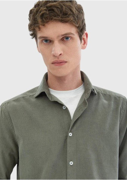 Açık Yeşil Düz Casual Fit Dokuma Kadife Casual %100 Pamuk Gömlek modelleri