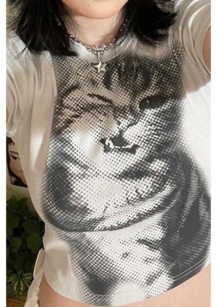 Beyaz Baby Cat Gotik Y2K Kısa Kollu Crop