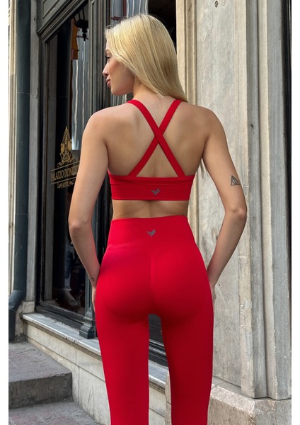 Prime Fıt - Kırmızı Çapraz Askılı Destekli Seamless Bra sporcu sütyeni