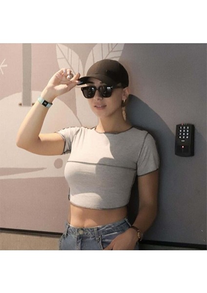 Gri Melanj Dikiş Detaylı Y2K Street Kısa Kollu Crop