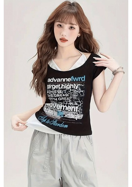 Siyah Fwrd Ekli Y2K Street Kısa Kollu Crop