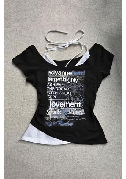 Siyah Fwrd Ekli Y2K Street Kısa Kollu Crop modelleri