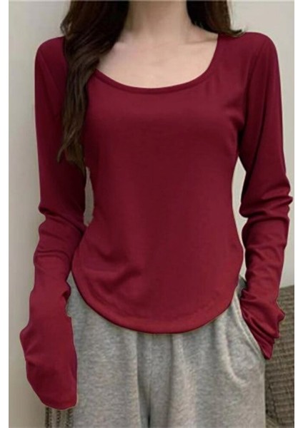 Bordo Basic Y2K Uzun Kollu Crop