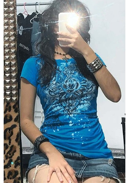 Mavi Gotik Rose Harajuku Y2K Kısa Kollu Crop fiyatları