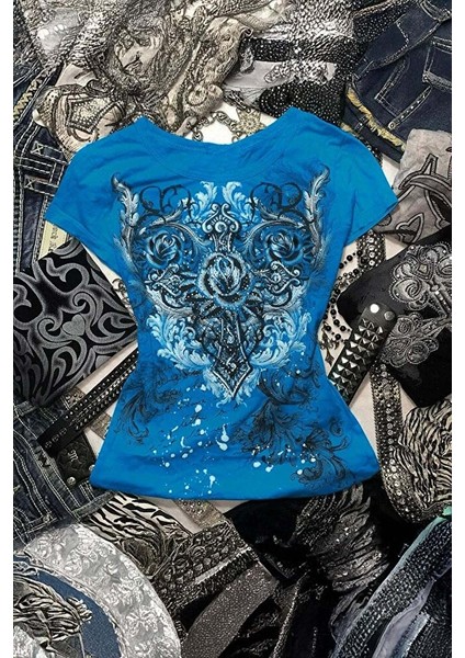 Mavi Gotik Rose Harajuku Y2K Kısa Kollu Crop modelleri