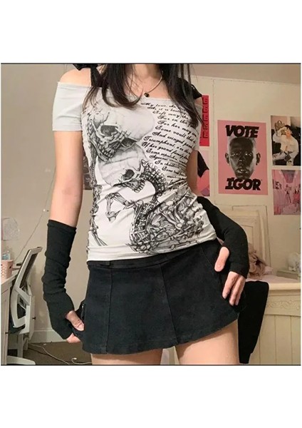 Ekru Skulls Letter Love Body Cyber Harajuku Madonna Yaka Y2K Kısa Kollu Crop