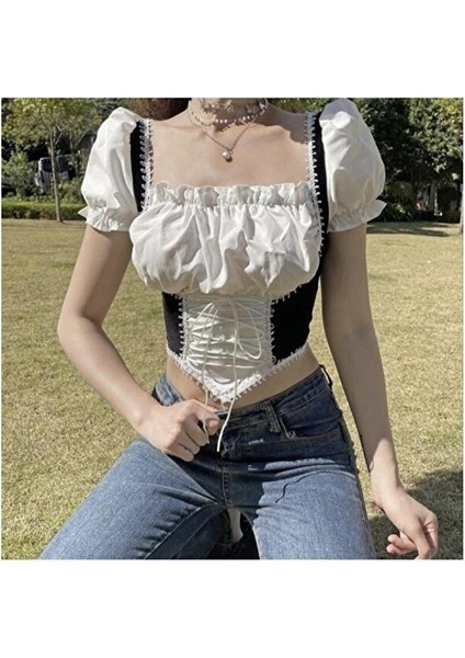 Beyaz Gotik Medieval Korseli Y2K Kısa Kollu Crop