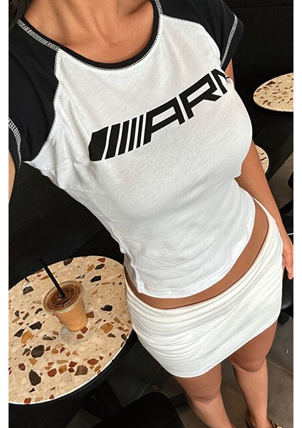 Beyaz Raglan Arm Y2K Street Kısa Kollu Crop