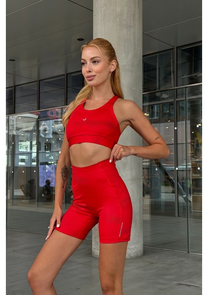 Aero Motion Premium - Desenli Kırmızı Yüksek Bel Push-Up Toparlayıcı Şort Tayt