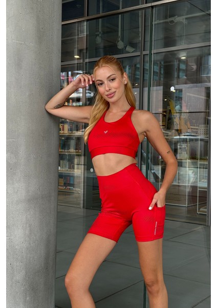 Aero Motion Premium - Desenli Kırmızı Yüksek Bel Push-Up Toparlayıcı Şort Tayt