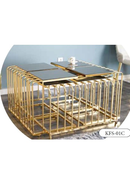 Mim Bronz - Gold Kafes Kare 4+1 Pizza Orta Sehpa