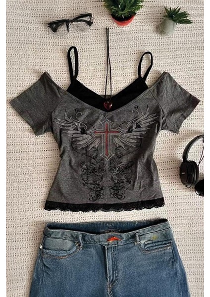Antrasit Red Cross Wing Gotik Y2K Ek Askılı Kısa Kollu Crop