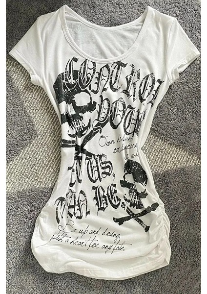 Beyaz Gotik Skulls Control Geniş Yaka Harajuku Y2K Kısa Kollu Crop