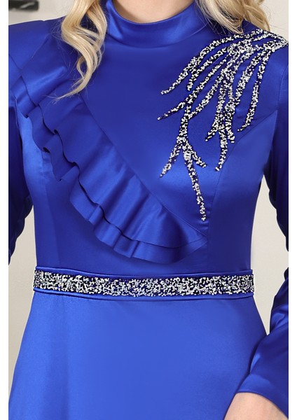 Omuz Taş Baskı Şık Saten Ada Büyük Beden Tesettür Abiye modelleri