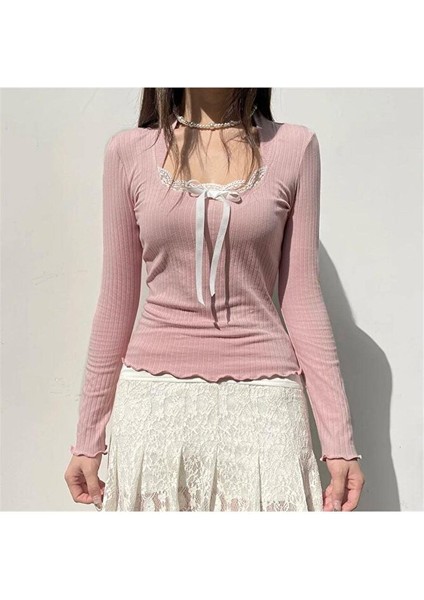 Pudra Fiyonk Bağcıklı Dantel Yakalı Y2K Uzun Kollu Crop