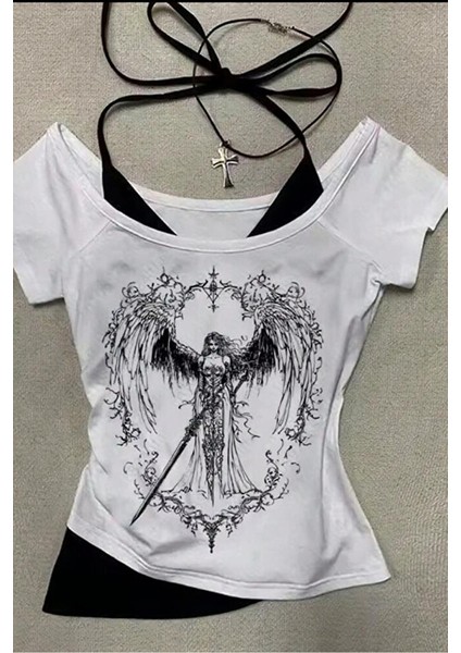 Beyaz Sword Warrior Angel Ek Askılı Y2K Kısa Kollu Crop