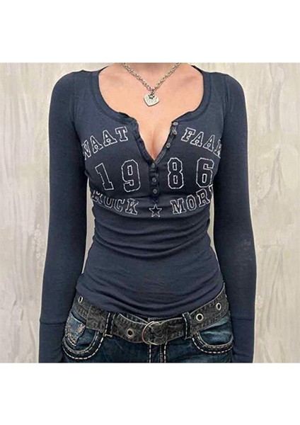 Vintage Lacivert Naat Faak Rock More Uzun Kollu Crop