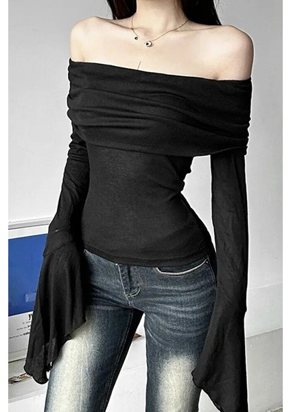 Siyah Madonna Yaka Ispanyol Kol Y2K Uzun Kollu Crop