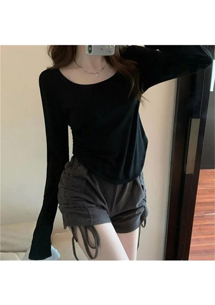 Siyah Basic Y2K Uzun Kollu Crop