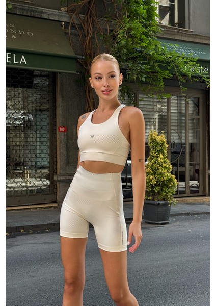 Aero Motion Premium - Desenli Bej Yüksek Bel Push-Up Toparlayıcı Şort Tayt