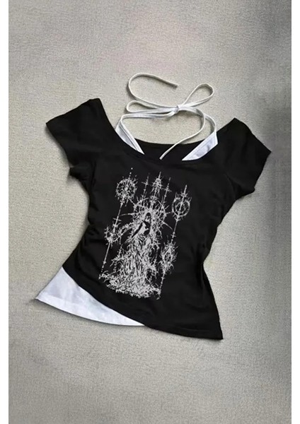 Siyah Wizard Gotik Y2K Ek Askılı Kısa Kollu Crop