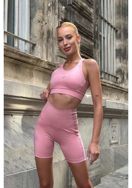 Aero Motion Premium - Desenli Pudra Yüksek Bel Push-Up Toparlayıcı Şort Tayt