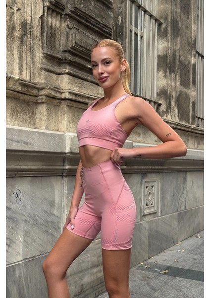 Aero Motion Premium - Desenli Pudra Yüksek Bel Push-Up Toparlayıcı Şort Tayt