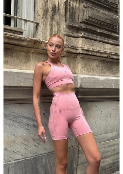 Aero Motion Premium - Desenli Pudra Yüksek Bel Push-Up Toparlayıcı Şort Tayt