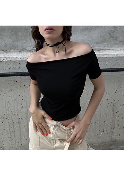 Siyah Madonna Yaka Y2K Kısa Kollu Crop