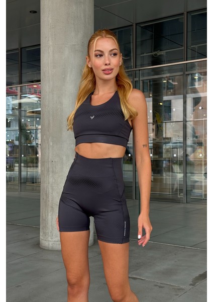 Aero Motion Premium - Desenli Füme Yüksek Bel Push-Up Toparlayıcı Şort Tayt