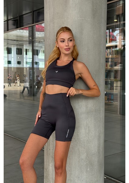 Aero Motion Premium - Desenli Füme Yüksek Bel Push-Up Toparlayıcı Şort Tayt