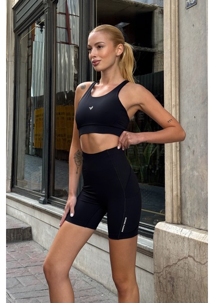 Aero Motion Premium - Desenli Siyah Yüksek Bel Push-Up Toparlayıcı Şort Tayt