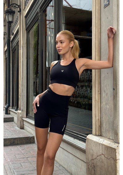 Aero Motion Premium - Desenli Siyah Yüksek Bel Push-Up Toparlayıcı Şort Tayt