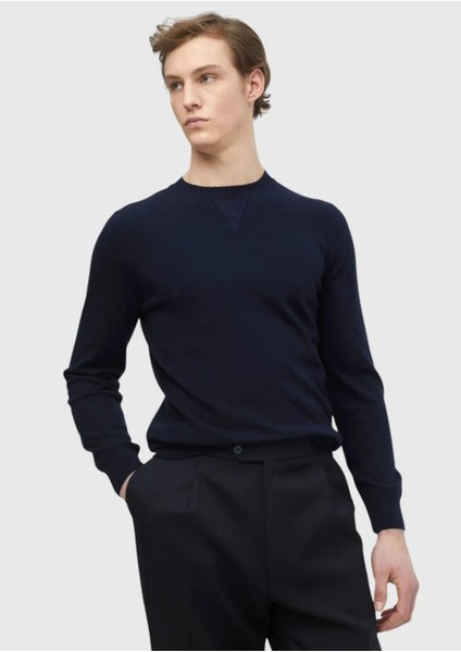 Lacivert Bisiklet Yaka Düz Örgü Yün Karışımlı Triko Kazak