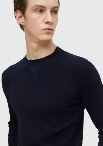 Lacivert Bisiklet Yaka Düz Örgü Yün Karışımlı Triko Kazak modelleri